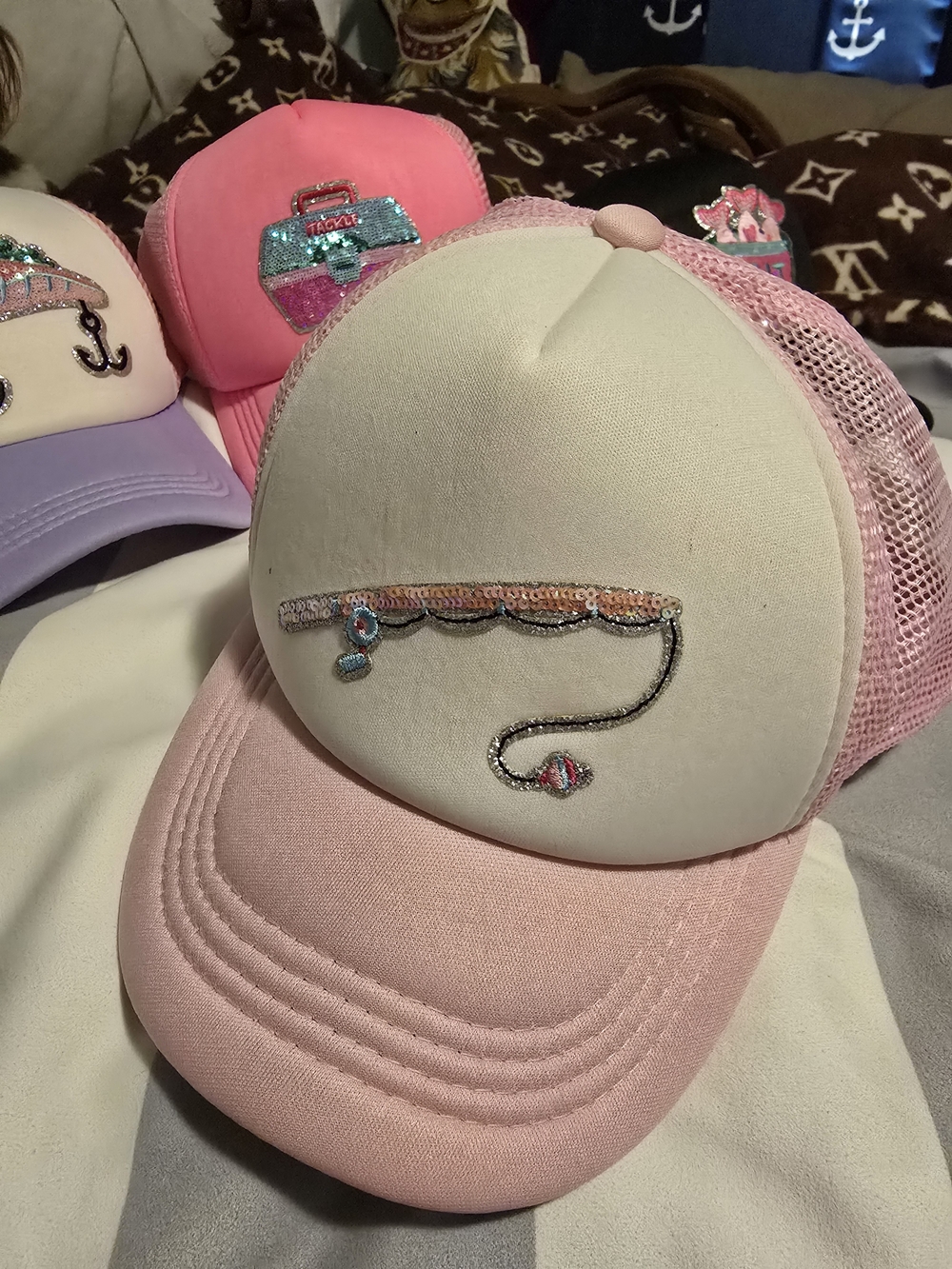Pink Mesh Trucker Hat with Embroidered Fishing Rod